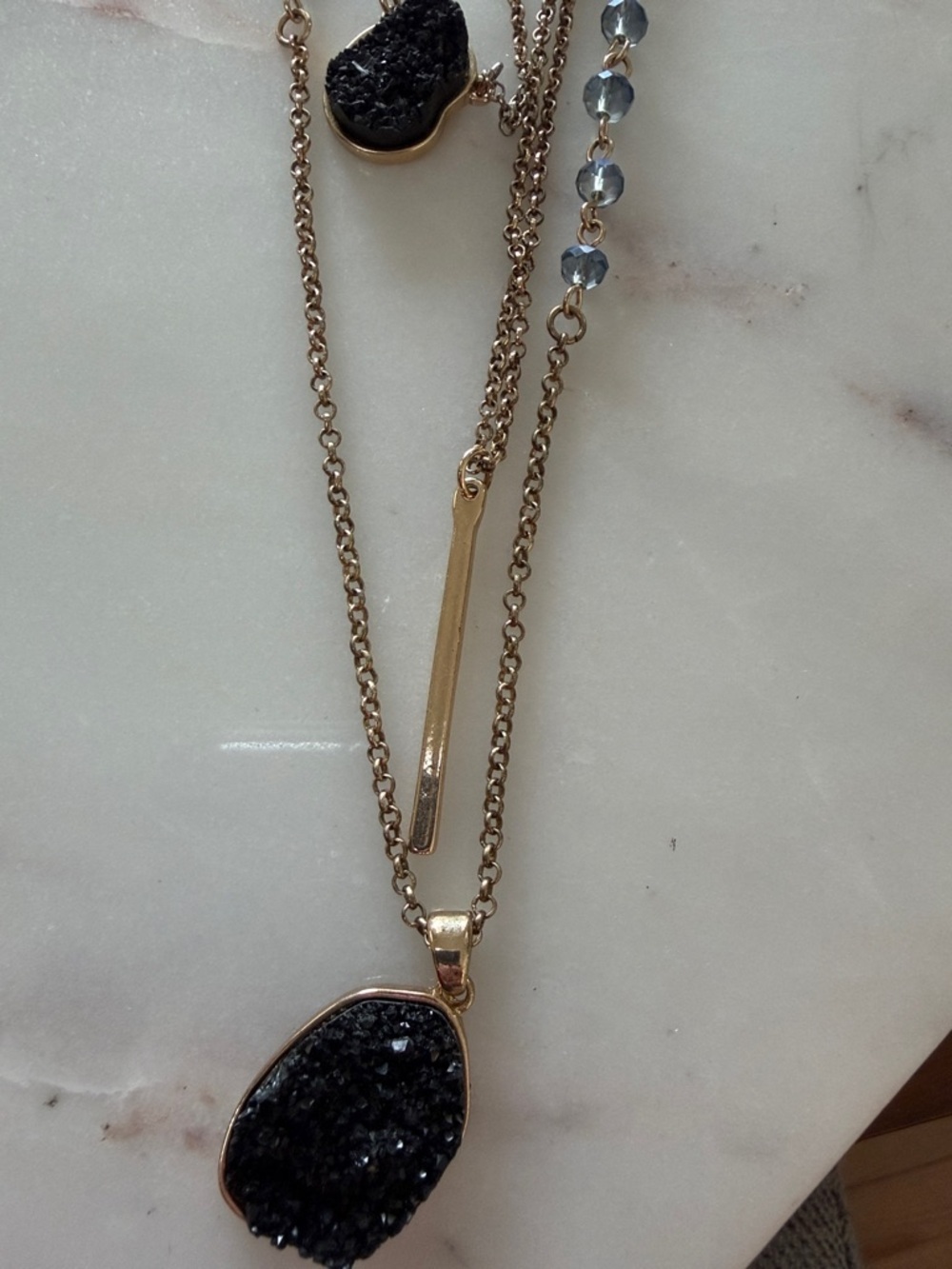 Parklane Gold-Tone Layered Necklace with Black Druzy and Blue Bead Accents - Picture 2 of 5